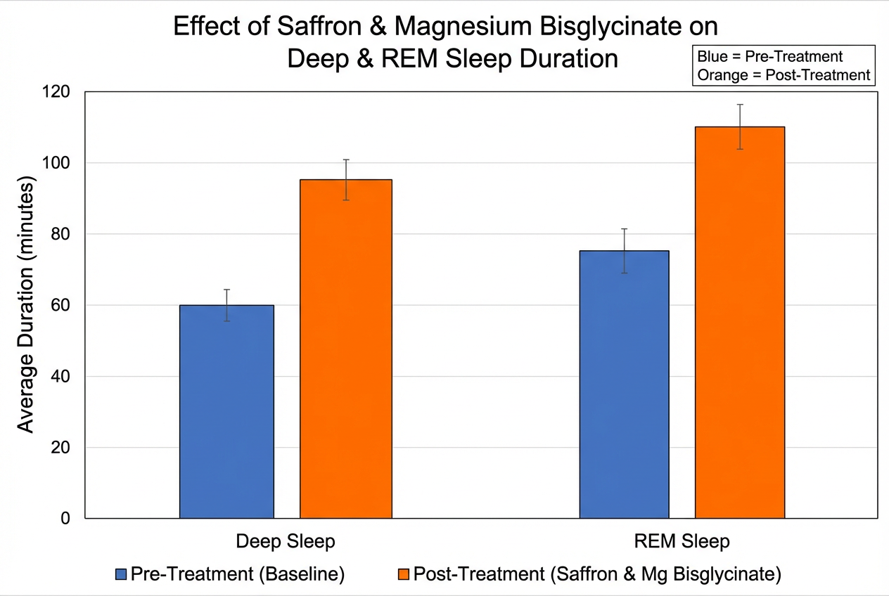 Bar chart — effect of saffron and magnesium bisglycinate on deep and REM sleep duration