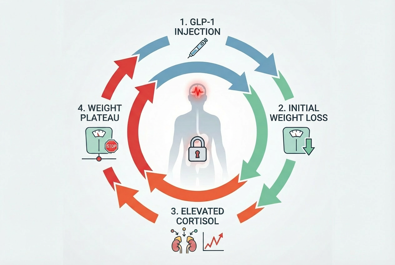 The GLP-1 cortisol cycle — diagram of injection, weight loss, elevated cortisol, and plateau