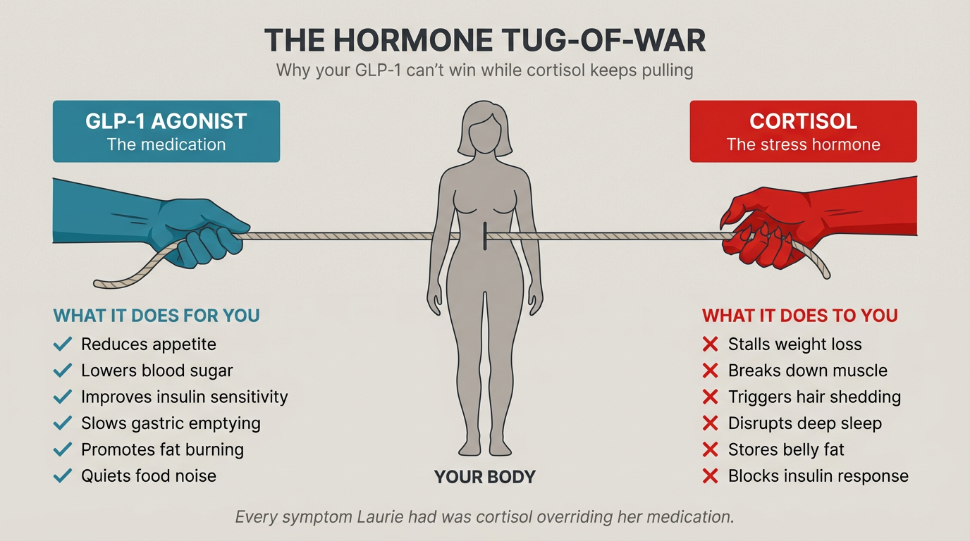 Diagram — the hormone tug-of-war between GLP-1 and cortisol